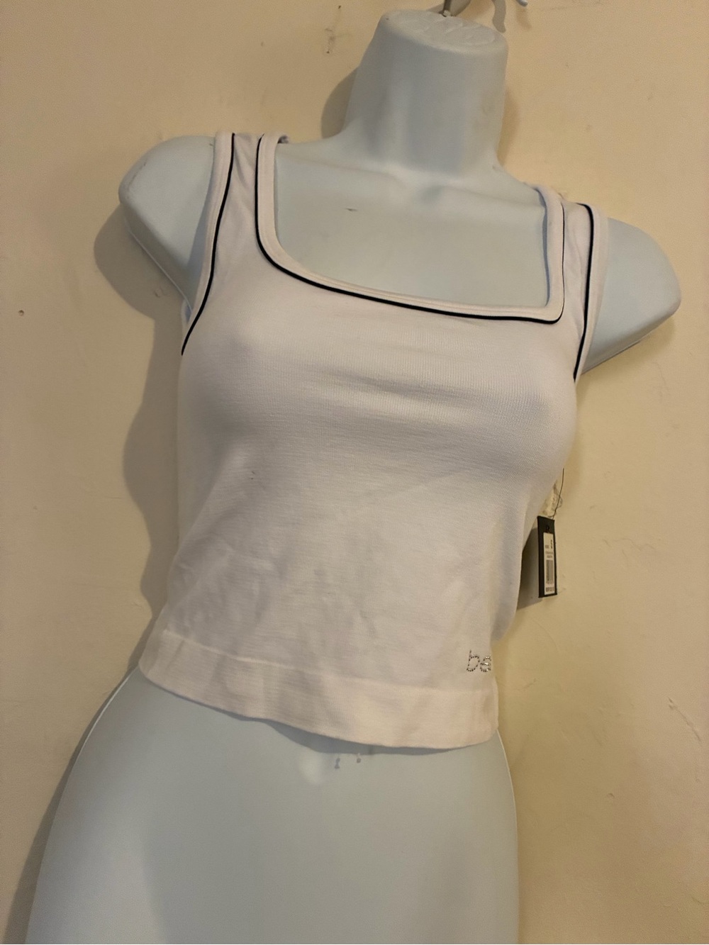bebe White Cropped Tank with Black Piping and Rhinestone Logo - Picture 2 of 4